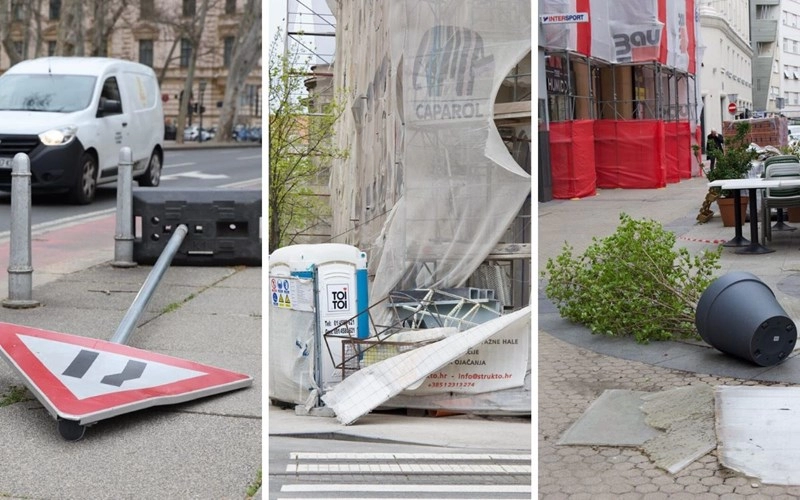 Vjetar po Zagrebu rušio ograde, stupiće, prometne znakove...
