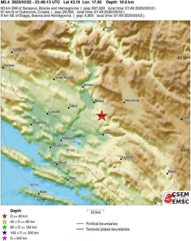 Zemljotres jačine 3,2 stupnja Richtera zabilježen u Nevesinju