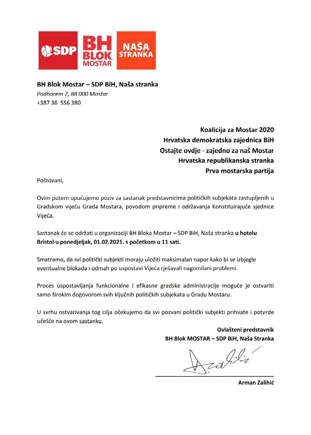BH BLOK uputio službeni poziv za pregovore u Mostaru