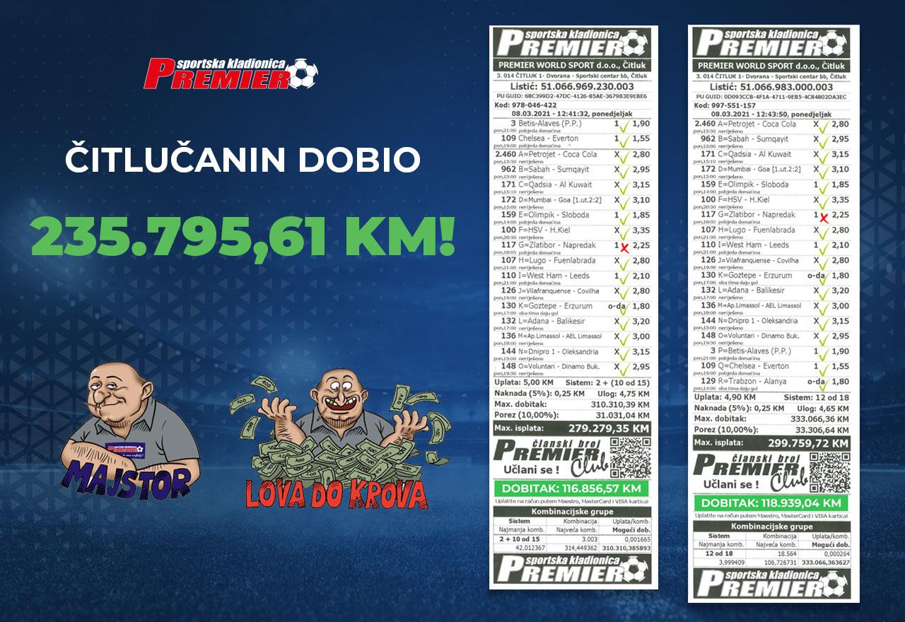 Čitlučanin u Premier kladionici dobio nevjerojatnih 235.795,61 KM!