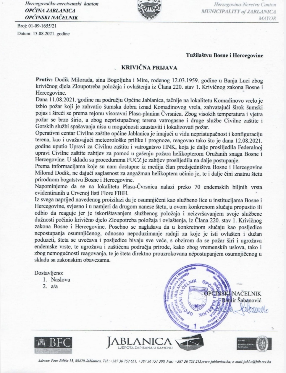Načelnik Jablanice Damir Šabanović podnio kaznenu prijavu protiv Milorada Dodika