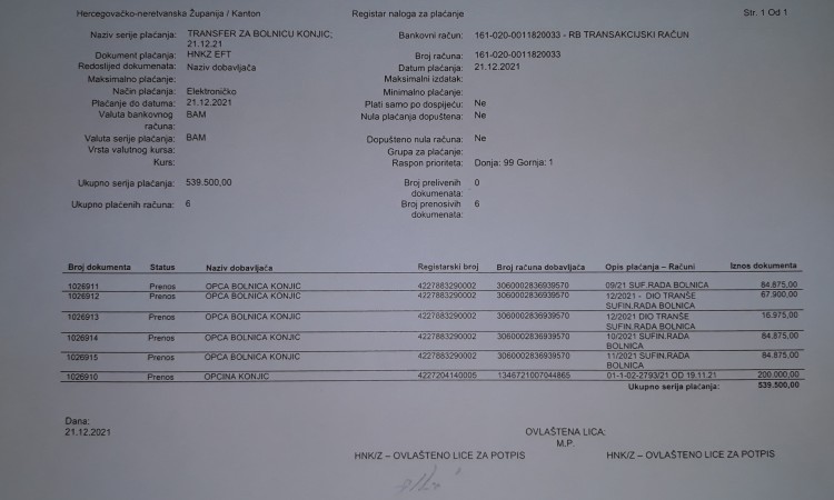 Vlada HNŽ-a uplatila pola milijuna maraka bolnici u Konjicu, isplaćene dvije plaće